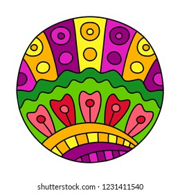 Round coloring page filled with hand drawn doodle motifs in a circle, isolated on white background. Vector illustration