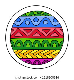 Round coloring page filled with hand drawn doodle motifs in a circle, isolated on white background. Vector illustration