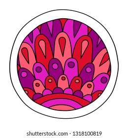 Round coloring page filled with hand drawn doodle motifs in a circle, isolated on white background. Vector illustration