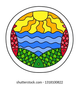 Round coloring page filled with hand drawn doodle motifs in a circle, isolated on white background. Vector illustration