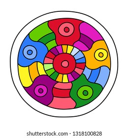 Round coloring page filled with hand drawn doodle motifs in a circle, isolated on white background. Vector illustration