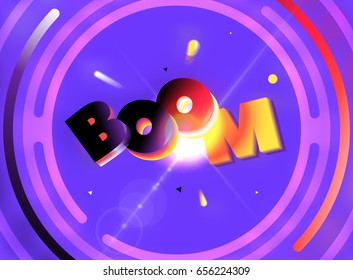 Round comic BOOM banner. Motion explosion vector background. Blue, red, black color. Abstract rounded lines, comics cartoon style