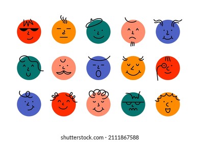 Round comic faces. Abstract smile characters, cartoon emoji avatars, doodle comic emoticon elements. Funny vector set