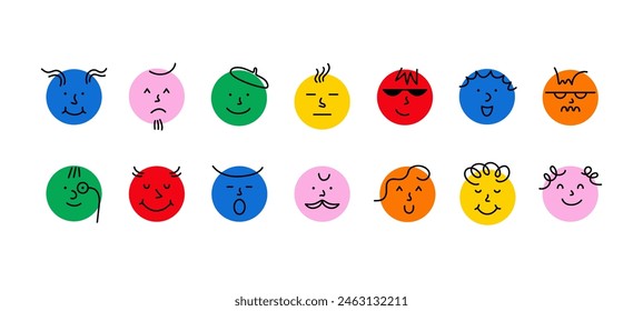 Round comic faces with different emotions. Cartoon doodle characters with funny emotions, happy sad angry surprised faces crayon drawing style. Vector isolated set.