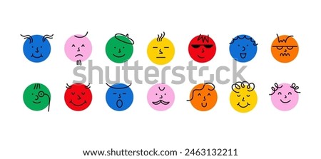 Round comic faces with different emotions. Cartoon doodle characters with funny emotions, happy sad angry surprised faces crayon drawing style. Vector isolated set.