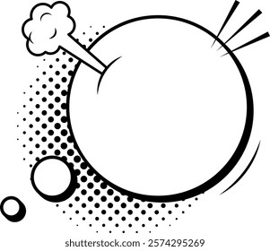 Round comic speech bubble bursting with energy, surrounded by a dynamic halftone background, smoke puffs, and speed lines, perfect for inserting messages and creative texts