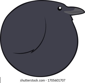 Round common northern raven, side view.  Cute black passerine cartoon corvid drawing.  Scientific name:  Corvus corax.