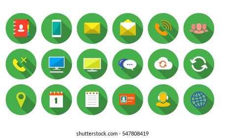 Round Communication Icons Set on emerald green background