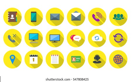 Round Communication Icons Set on yellow background