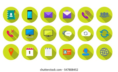 Round Communication Icons Set on lime green background