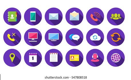 Round Communication Icons Set on purple background