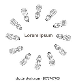 Round compact fluorescent light bulb sketch background, Lorem ipsum. Ink sketch bulb stock vector illustration design element for web, for print