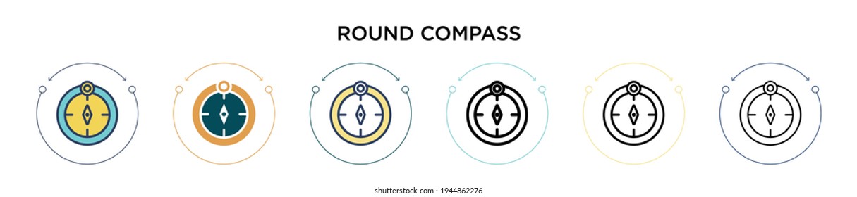 Round compass icon in filled, thin line, outline and stroke style. Vector illustration of two colored and black round compass vector icons designs can be used for mobile, ui, web