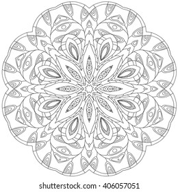 Round complex floral ornament for coloring and meditation. Vector composition.