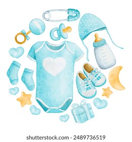 Round composition of accessories for newborn boy, bodysuit, soother, cap, socks, toy, stars, and teether. Isolated watercolor design vector for baby shower decor