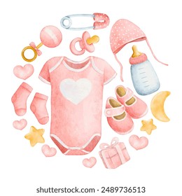 Round composition of accessories for newborn girl, bodysuit, soother, cap, socks, toy, stars, and teether. Isolated watercolor design vector for baby shower decor