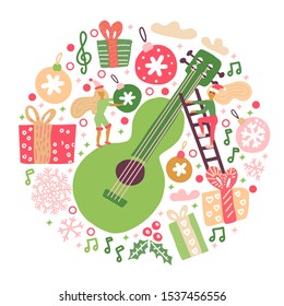 Round composition of acoustic guitar with Christmas decor and snowflakes. Misic festival vector background concept in doodle hand drawn colored style. Print with Huge guitar, gift boxes, little woman.