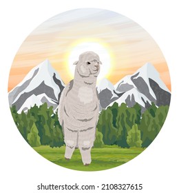 Round composition. Alpaca in a valley near mountains with snowy peaks. Vector realistic landscape