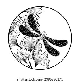 Round composition of artistically drawn, flying, contoured dragonfly with detailed, realistic wings on white background with ginko biloba leaves. Contour dragonfly. Hand drawn vector art.