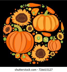 Round composition of autumn vegetables. Vector colored isolated drawing on a black background. Pumpkins, sunflowers, leaves. Orange, yellow, warm colors.