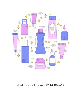 Round composition with beauty products. Skin care and online shopping. Vector illustration can be used in articles, banners, flyers, social media, typographic and web design related to cosmetics. 
