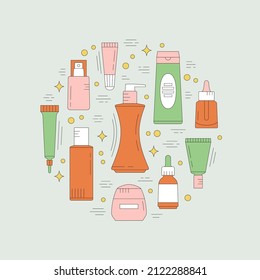 Round composition with beauty products. Skin care and online shopping. Vector illustration can be used in articles, banners, flyers, social media, typographic and web design related to cosmetics. 