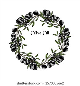 Round composition of black olives. For labels for olive oil. Just add your text and logo.