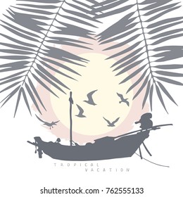 Round composition with a boat, palm leaves and flying gulls against the backdrop of the setting sun. Vector image in yellow and orange colors . Painted in a realistic style.