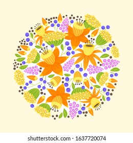 Round composition with bouquet of blooming, blossoming flowers cartoon illustration.