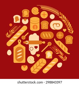 Round composition with bread and bakery silhouettes. 