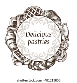 Round composition of bread and pastries. Vector Hand drawn illustration. Menu or signboard template for bakery and cafe.