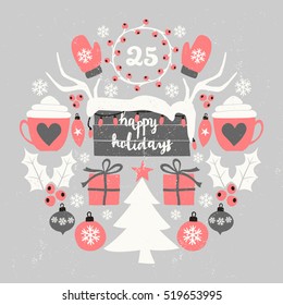 A Round Composition Of Christmas Symbols In Pink, White, Black And Gray. Scandinavian Style Winter Season Postcard, Brochure, Wall Art Design.