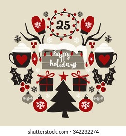 A round composition of Christmas symbols in red, white, black and gray.