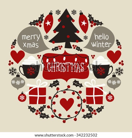A round composition of Christmas symbols in red, white, black and gray. 