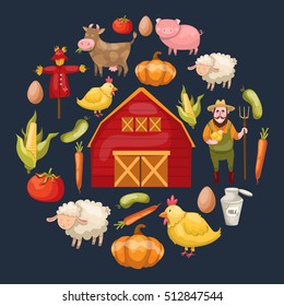 Round composition with a circle of isolated cartoon farm symbols warehouse vegetables animals on dark background vector illustration 