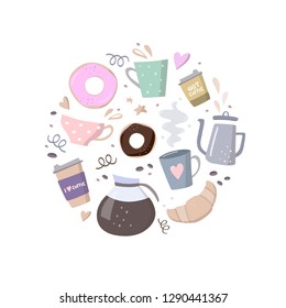 Round composition with coffee illustrations. Coffee to go, coffee pots, cups,croissant, cookie and design elements. Handdrawn vector illustration on black background