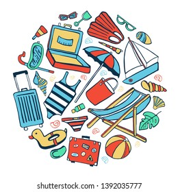 Round composition with colorful beach objects. Vector outline hand drawn illustration on white background