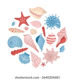Round composition with colorful seashells and starfish. Marine themed decorative circle with ocean elements. Great for packaging, stickers, beach prints, invitations, and summer projects.