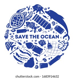 Round composition. Concept save the ocean. Hand drawn vector sketch illustration