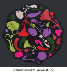 Round composition created with plants or herbals, flowers, and fruits. Neatly arranged plant parts with watercolor texture. Design element for web or print usage.