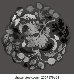 Round composition created with plants or herbals, flowers, and fruits. Neatly arranged plant parts with watercolor texture. Design element for web or print usage.