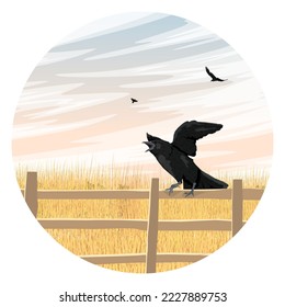 Round composition. A crow sits on a fence near a field. Wild crow Corvus corax. Realistic vector landscape