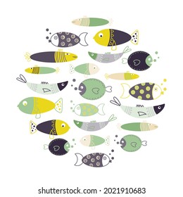 Round composition with cute cartoon fishes and vintage color palette.