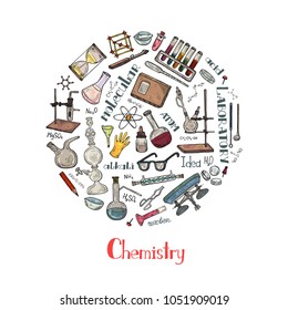 Round composition with cute hand drawn chemistry elements. Vector science cartoon collection