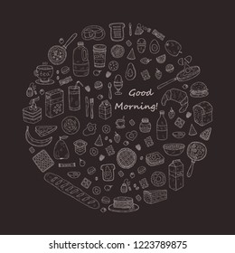 Round composition with cute hand drawn breakfast icons. Doodle vector collection. Food illustration