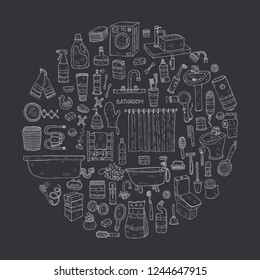 Round composition with cute hand drawn bathroom icons. Vector doodle collection