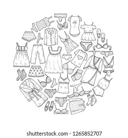Round composition with cute hand drawn lingerie, pajamas and bathrobes. Collection of clothes for sleeping and relaxing. Vector illustration