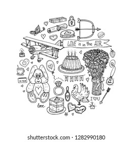 Round composition with cute hand drawn Valentines Day icons. Love collection. Vector
