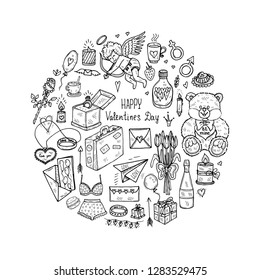 Round composition with cute hand drawn Valentines Day icons. Love collection. Vector