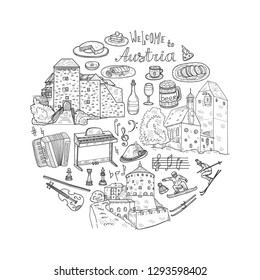 Round composition with cute hand drawn Welcome to Austria icons. Vector sketch. 